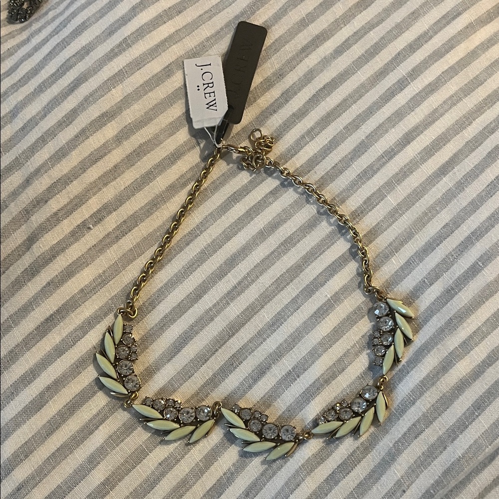 J. Crew Gold-Tone Necklace with Pale Yellow Enamel Leaves and Clear Crystals